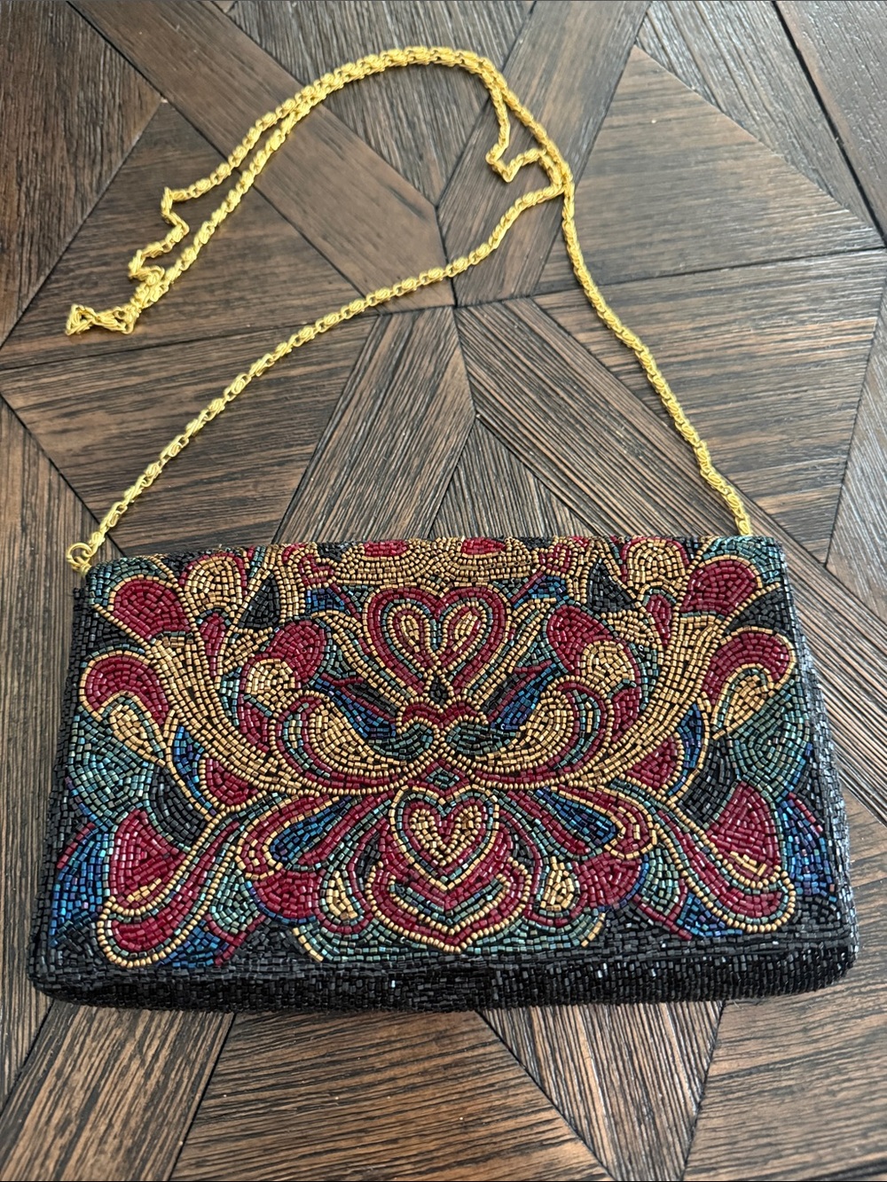 Vintage Walborg Beaded Clutch Purse Gold Chain Strap Evening Bag Wedding